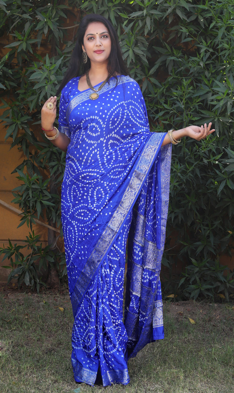 Royal Blue Pure Bandhej silk saree made by original Bandhej