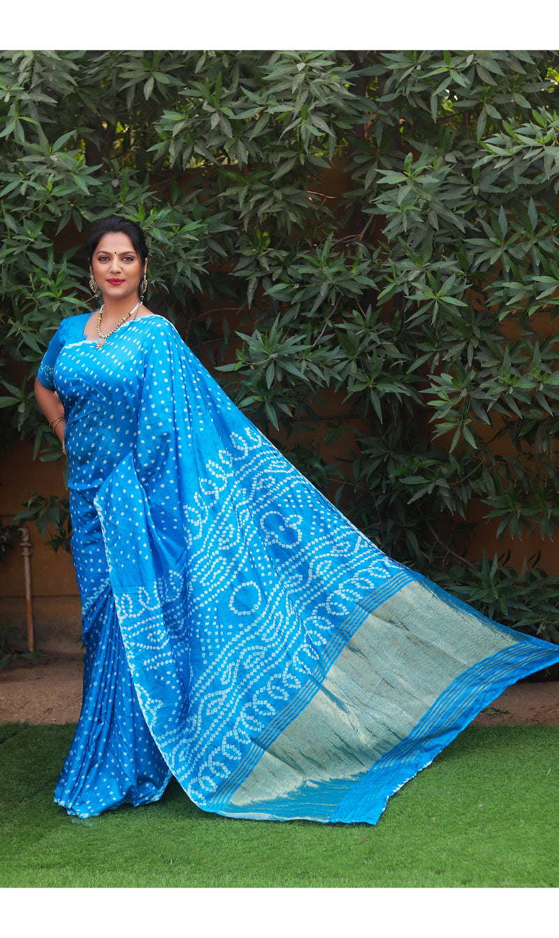 Sky Blue color soft bandhani saree with hand high quality bandhej print
