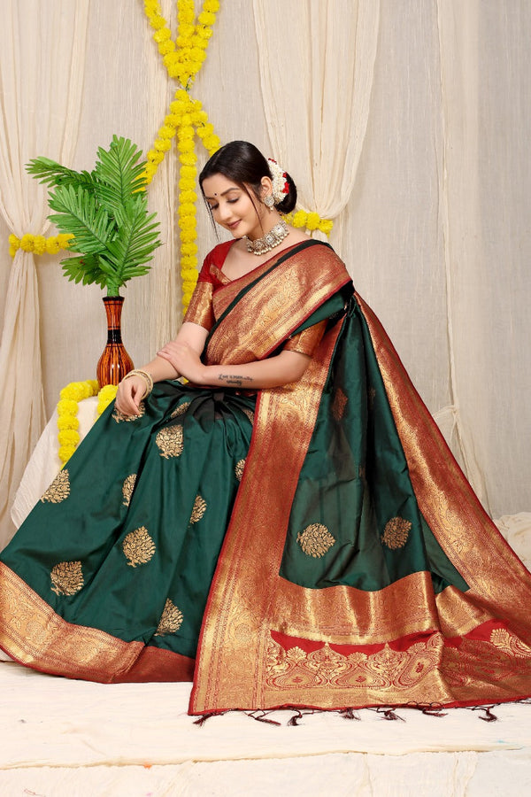 Dark Green kankavati Pure silk handloom saree with Pure copper Jari  work