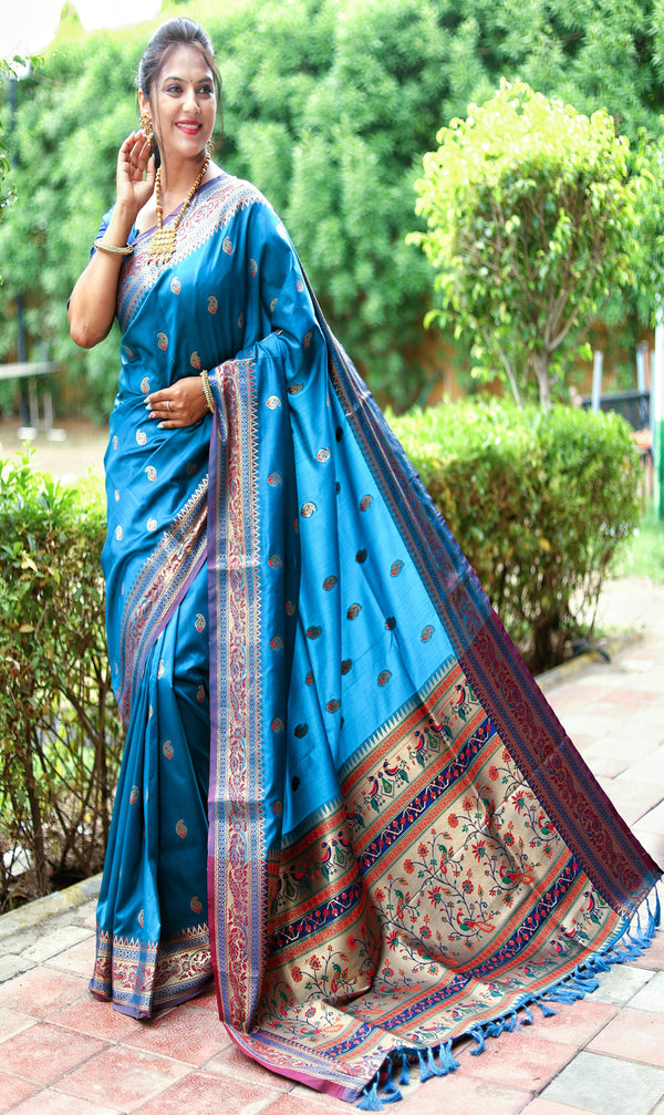 Beautiful Cobalt Blue Color Woven Paithani Saree