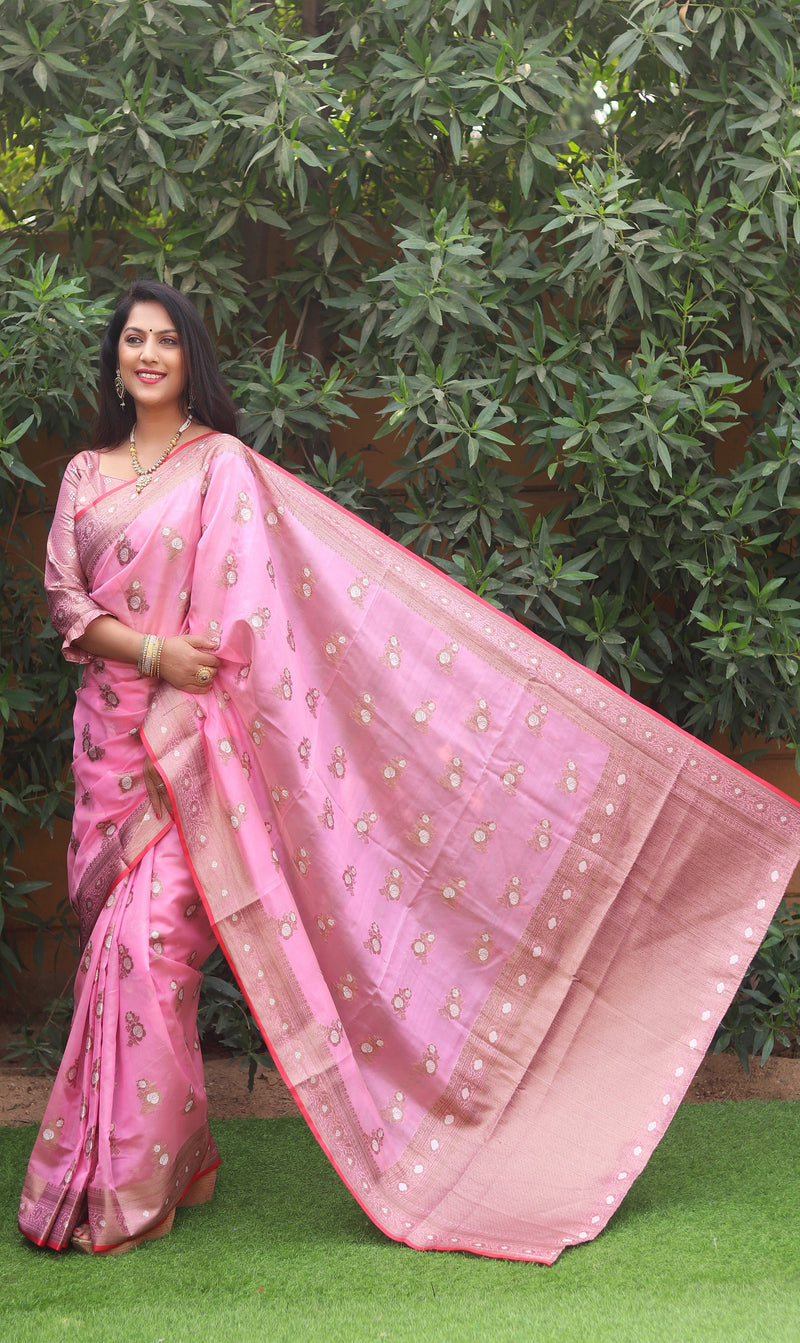 Baby Pink New Design With New Concept Organza Sarees
