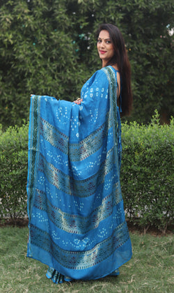 Astral Blue color soft hand bandhej bandhani saree with zari weaving work
