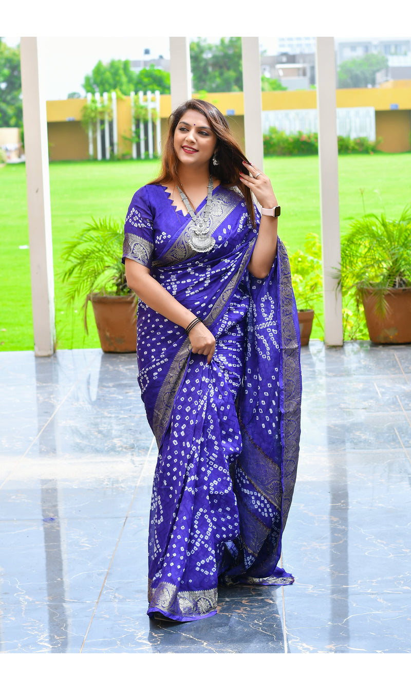 Royal Blue color soft Bandhej silk saree with khadi printed work