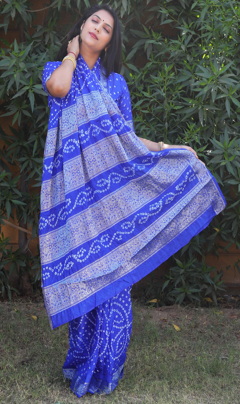 Royal Blue Pure Bandhej silk saree made by original Bandhej
