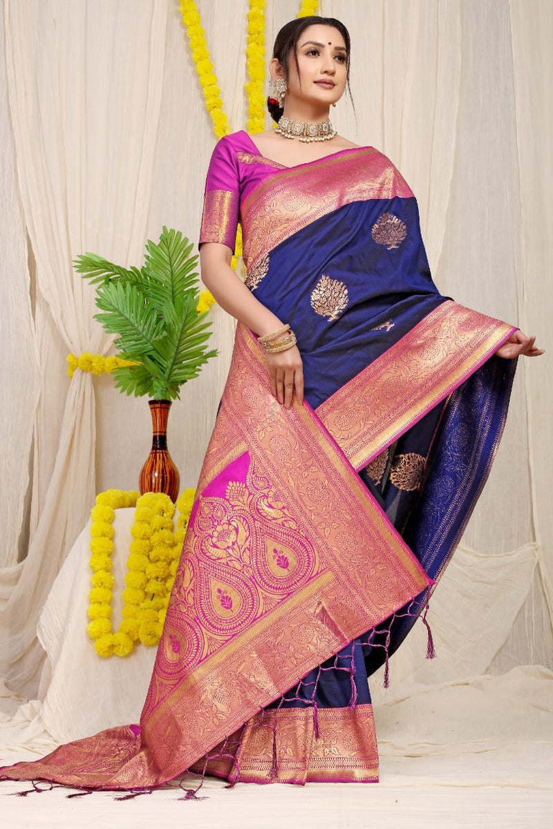 Nevy Blue kankavati Pure silk handloom saree with Pure copper Jari  work