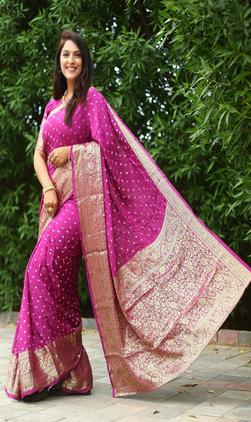 Hot Pink Bandhani Saree In Gaji Silk