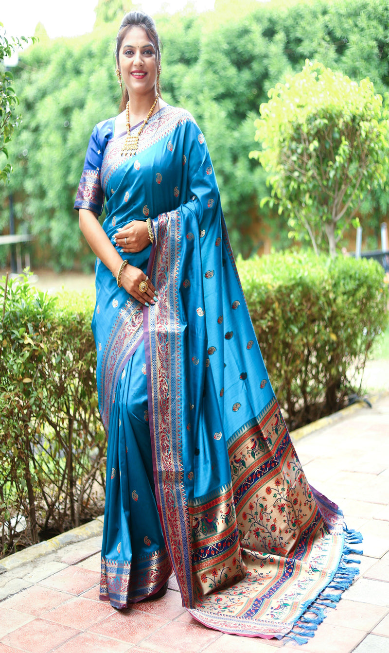 Beautiful Cobalt Blue Color Woven Paithani Saree