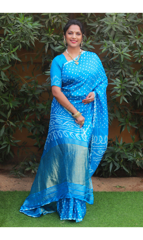Sky Blue color soft bandhani saree with hand high quality bandhej print