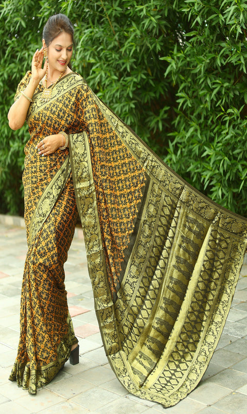 Yellow Olive Color Pure Ajrakh Art  silk saree