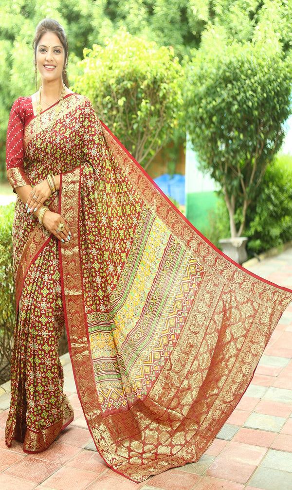 New premium Maroon Color Pure Ajrakh Art silk saree
