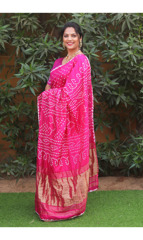 Bright Pink color soft bandhani saree with hand high quality bandhej print