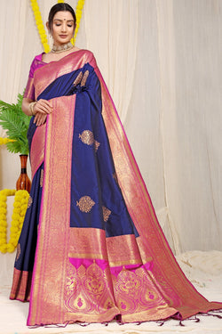 Nevy Blue kankavati Pure silk handloom saree with Pure copper Jari  work