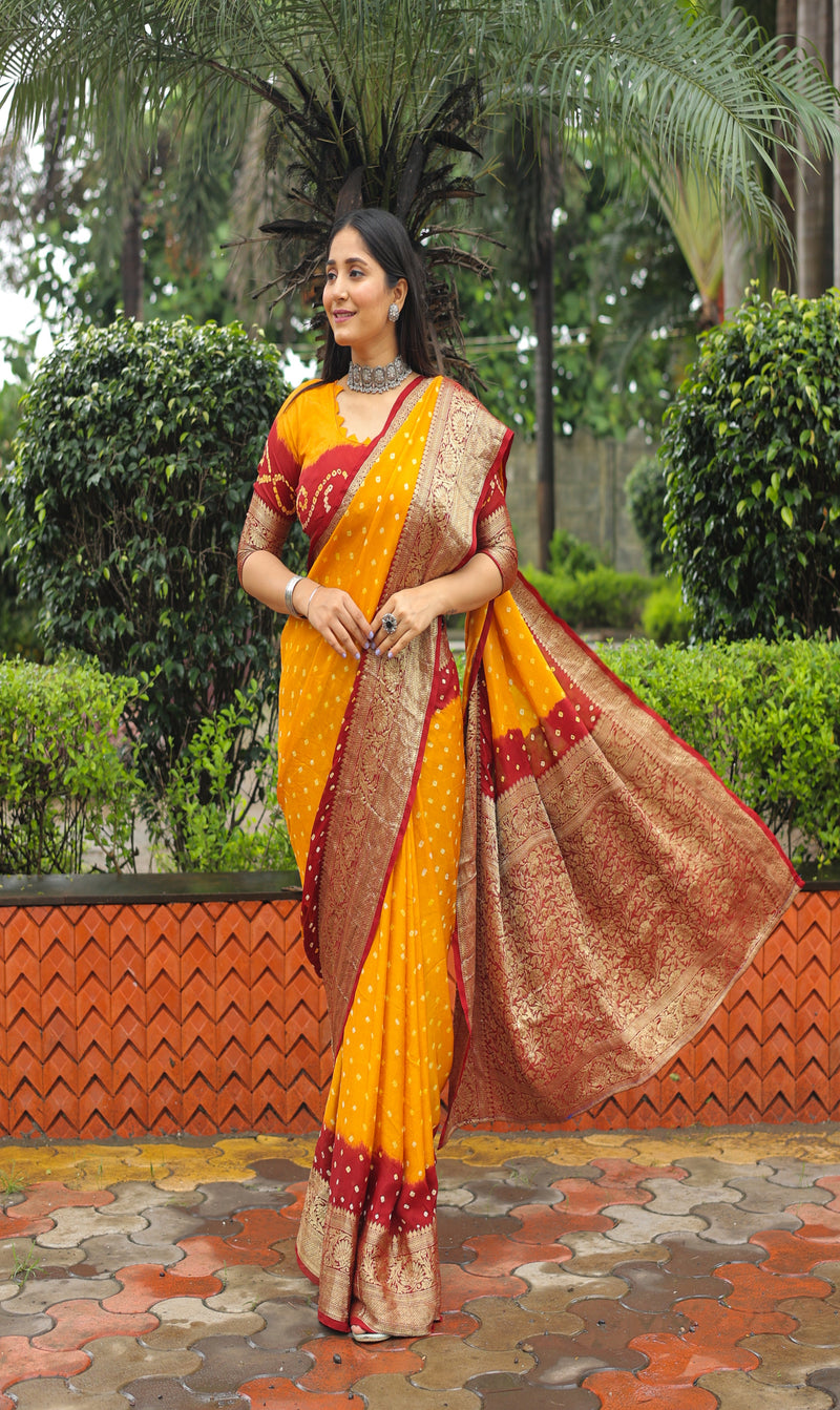 Yellow Maroon Comfortable Bandhej silk drapes with Kanchipuram jari border
