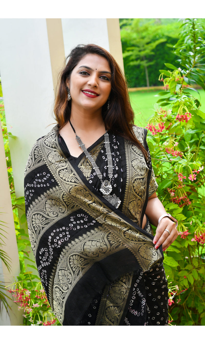 Black color soft Bandhej silk saree with khadi printed work