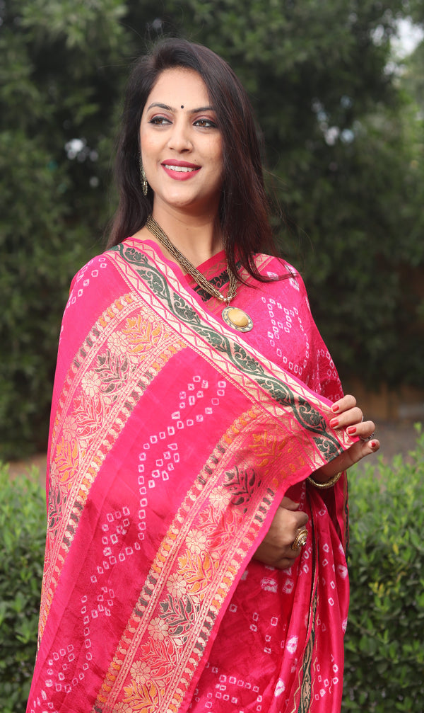 Watermelon Pink color soft hand bandhej bandhani saree with zari weaving work