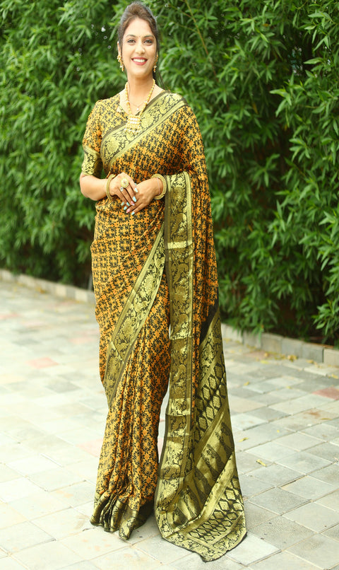 Yellow Olive Color Pure Ajrakh Art  silk saree