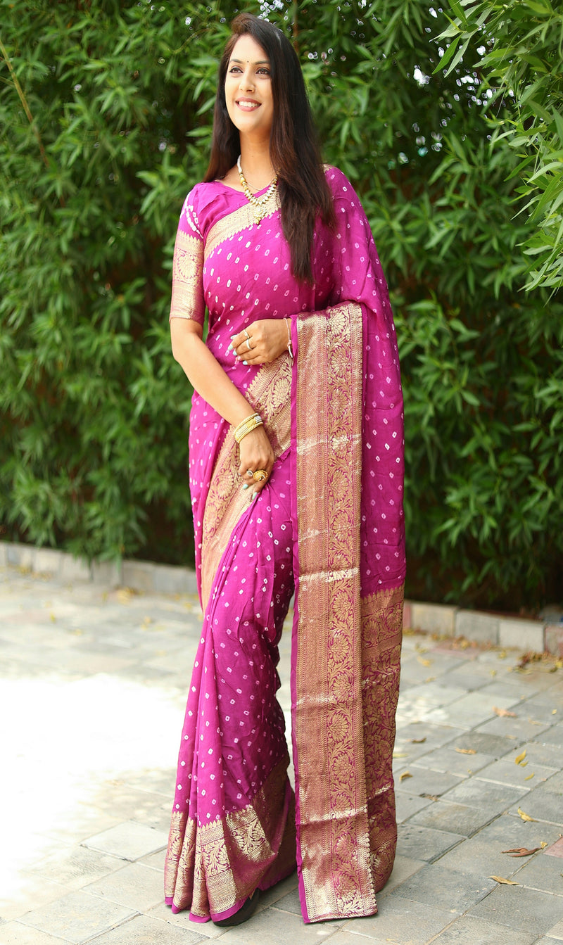 Hot Pink Bandhani Saree In Gaji Silk