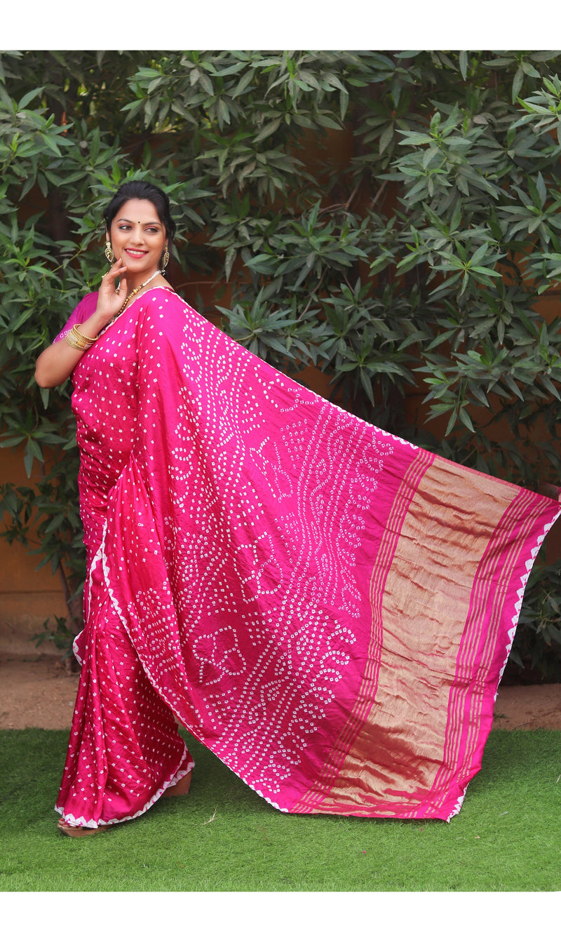 Bright Pink color soft bandhani saree with hand high quality bandhej print