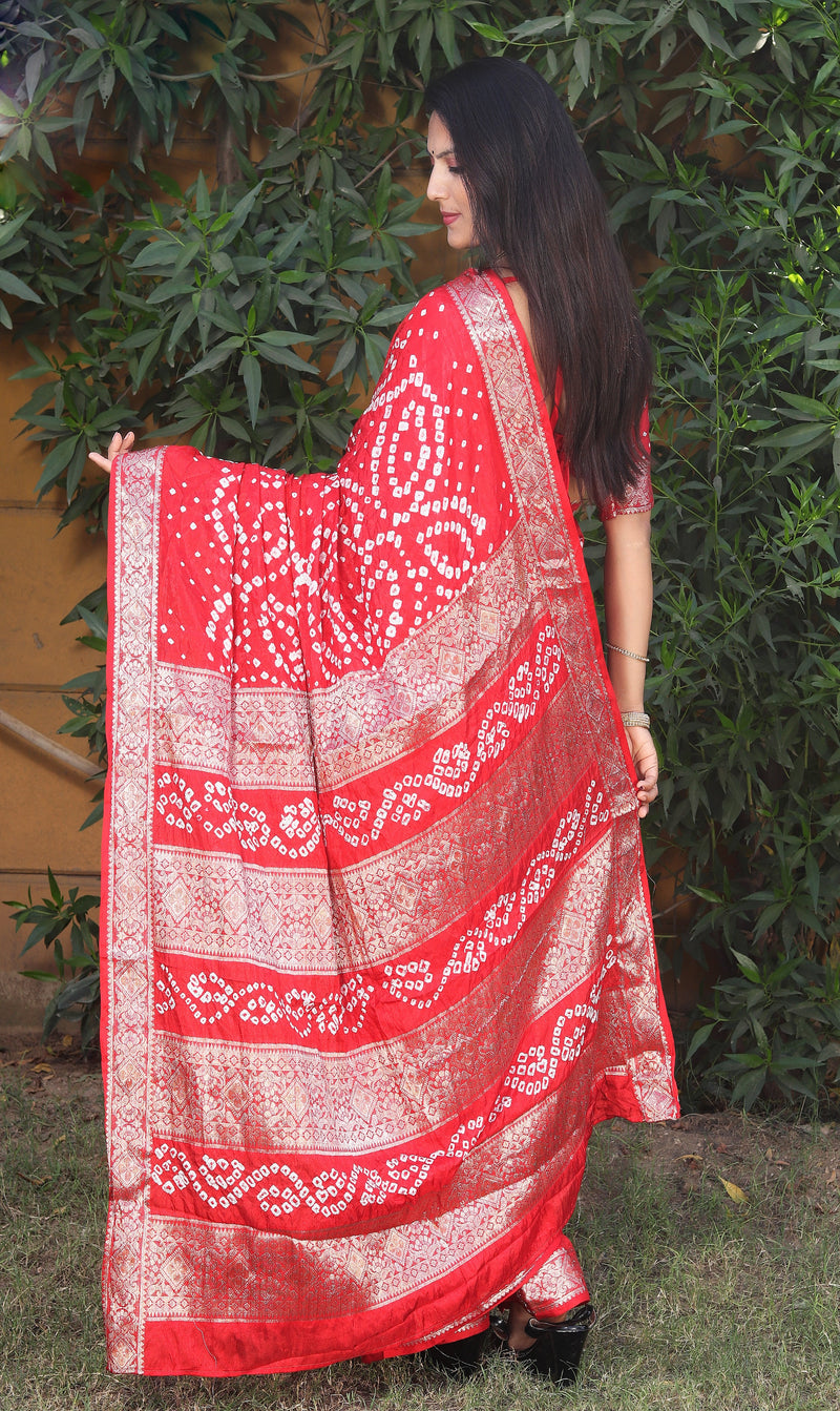 Red Pure Bandhej silk saree made by original Bandhej