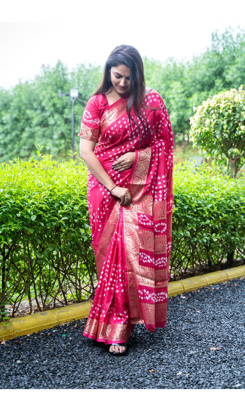 Bandhej Art Silk Saree in Water Melon Pink Color