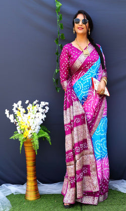 Multi Color Bandhej silk saree made by high quality