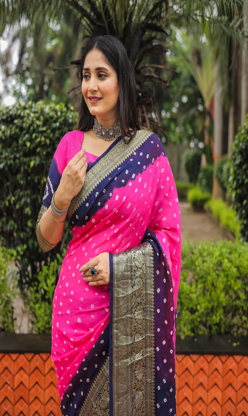 Pink Blue Comfortable Bandhej silk drapes with Kanchipuram jari border