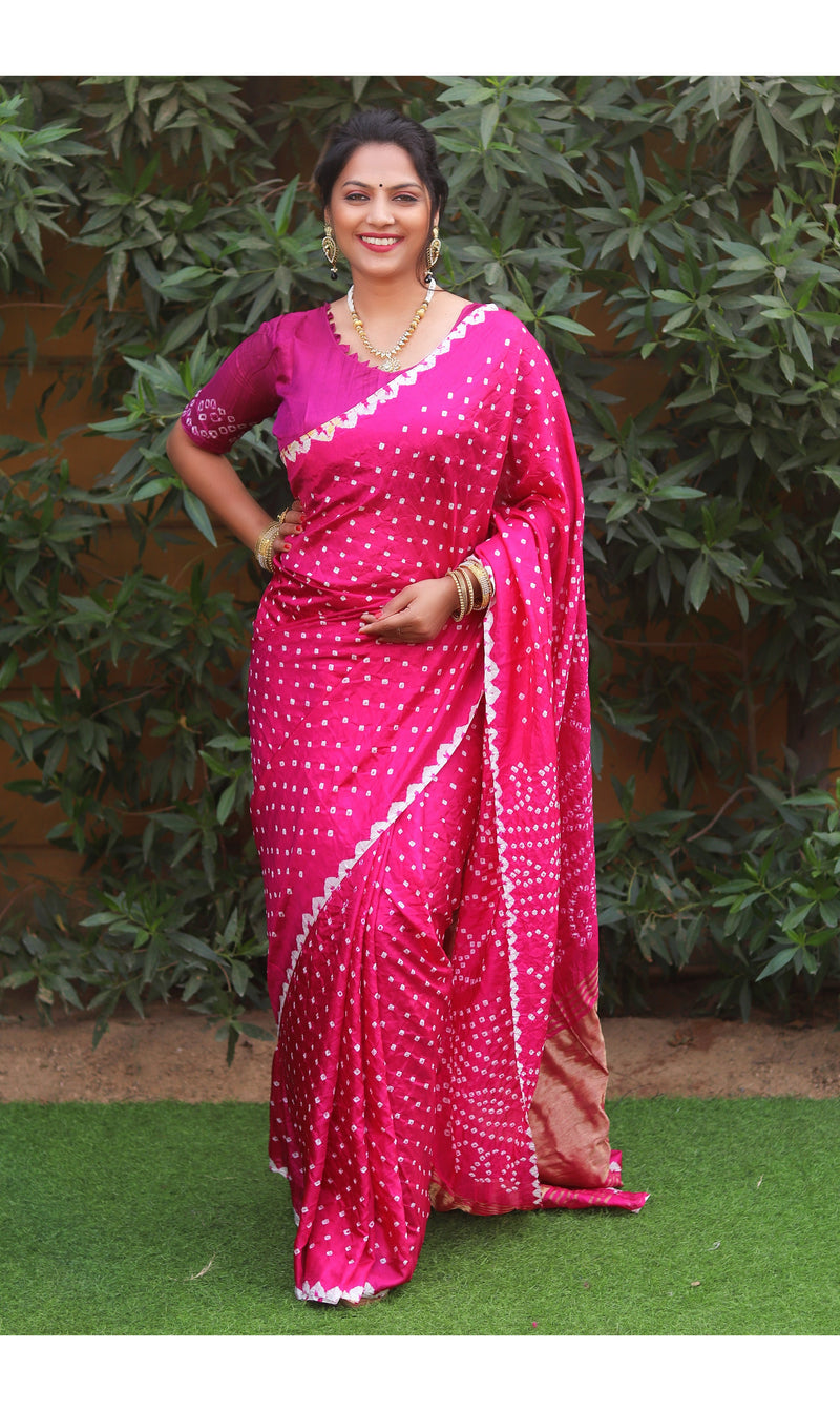 Bright Pink color soft bandhani saree with hand high quality bandhej print