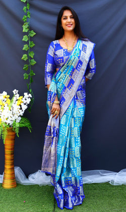 Royal Blue Original Bandhej With Zari Weaving All Over