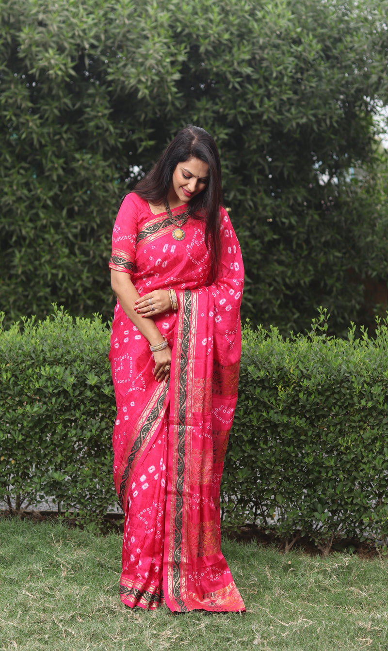 Watermelon Pink color soft hand bandhej bandhani saree with zari weaving work