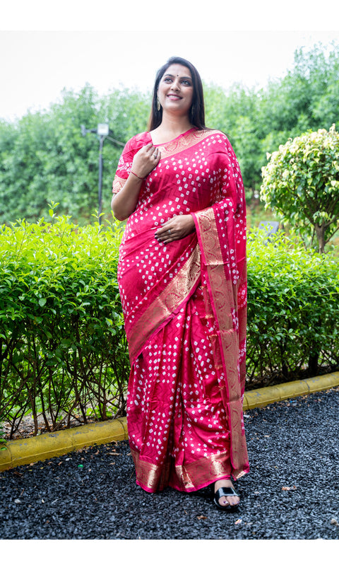 Bandhej Art Silk Saree in Water Melon Pink Color