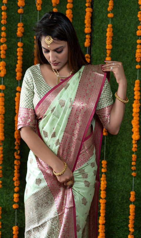 Chartruse Green copper Zari Woven Banarasi and Kanjivaram patterns