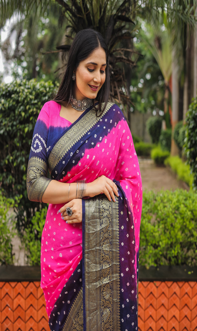 Pink Blue Comfortable Bandhej silk drapes with Kanchipuram jari border