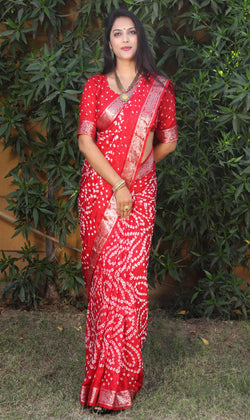Red Pure Bandhej silk saree made by original Bandhej