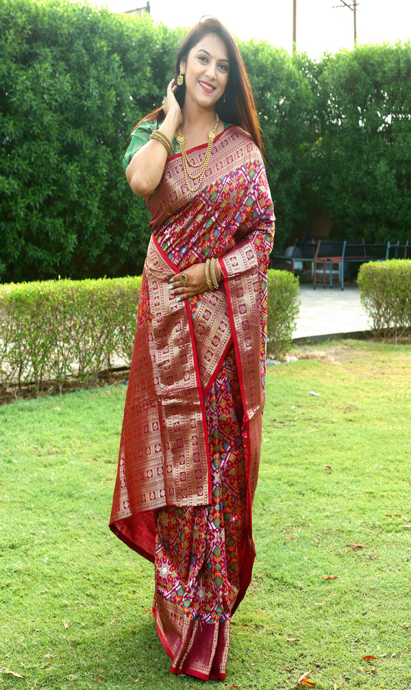 Maroon Color Beautiful Ikkat Patola Silk Saree