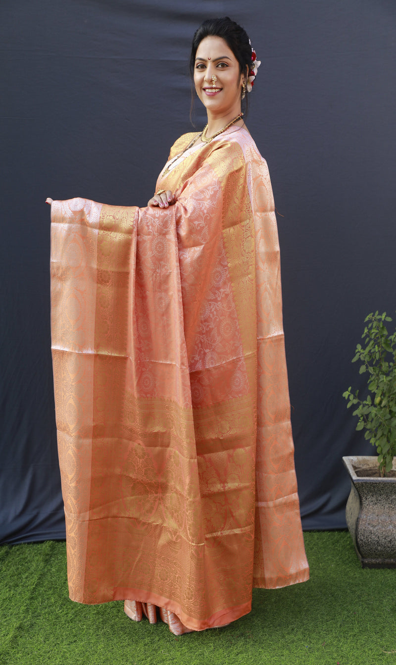Peach Color Silver And Gold Zari Work Banarasi Soft Silk Saree