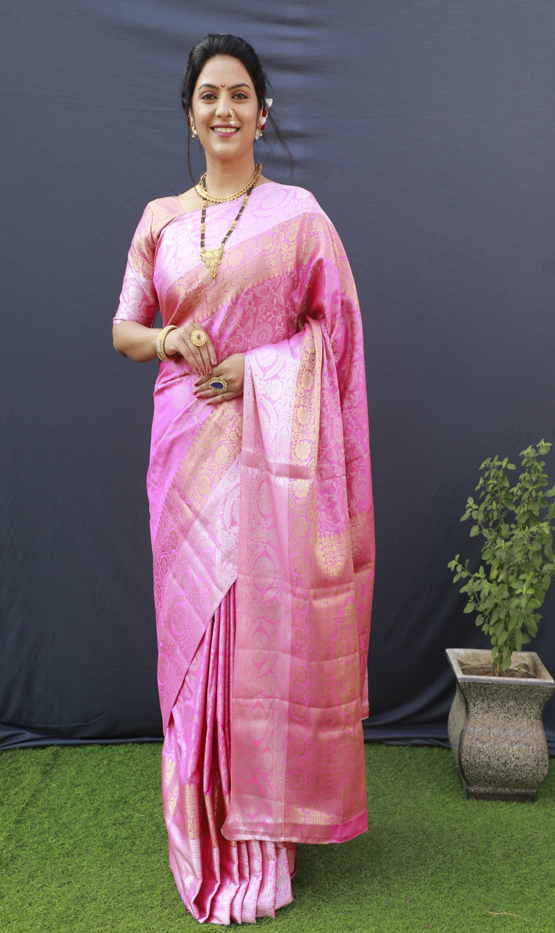 Pink Color Silver And Gold Zari Work Banarasi Soft Silk Saree