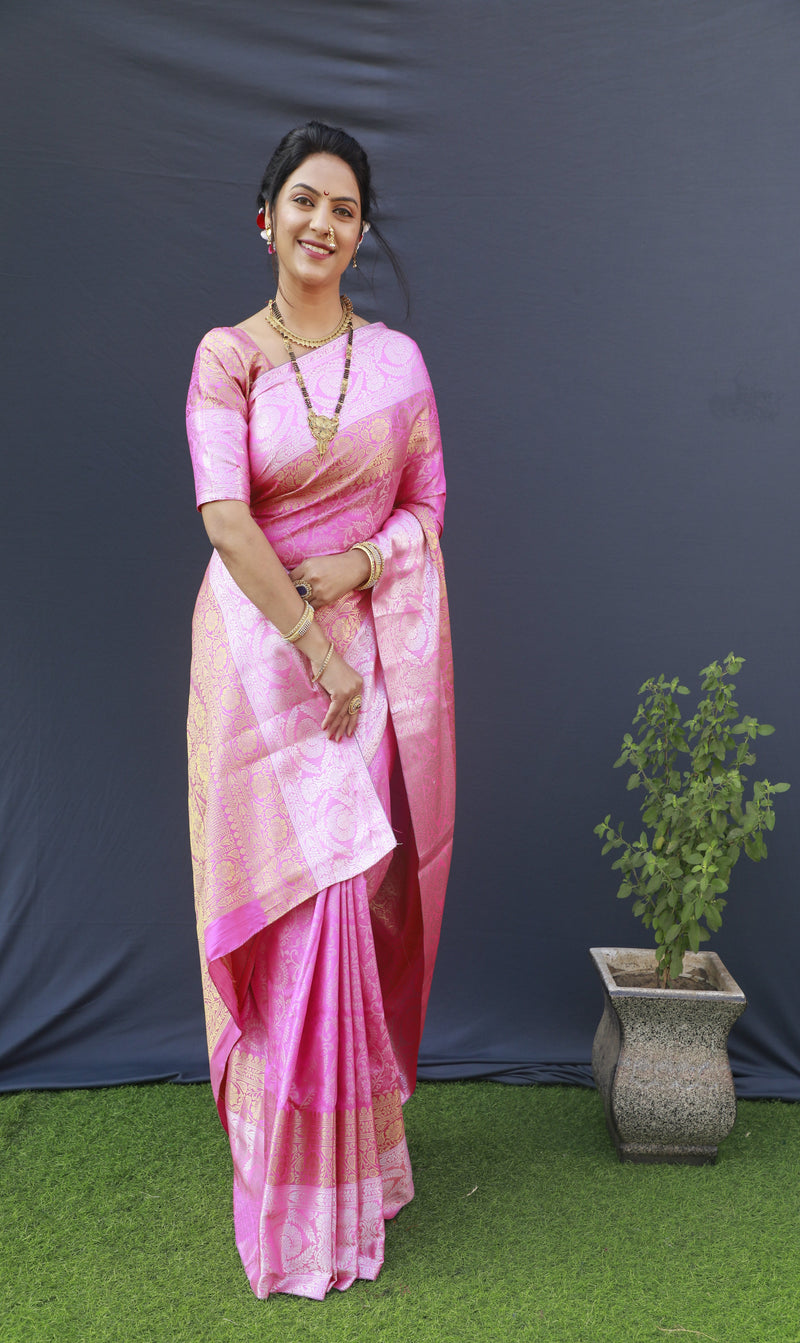 Pink Color Silver And Gold Zari Work Banarasi Soft Silk Saree