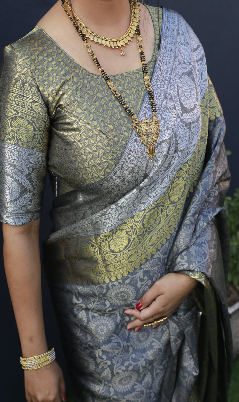 Gray Color Silver And Gold Zari Work Banarasi Soft Silk Saree
