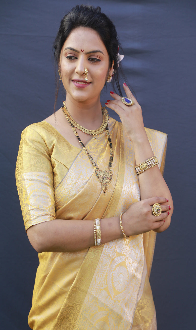 Yellow Color Silver And Gold Zari Work Banarasi Soft Silk Saree