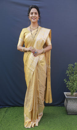 Yellow Color Silver And Gold Zari Work Banarasi Soft Silk Saree