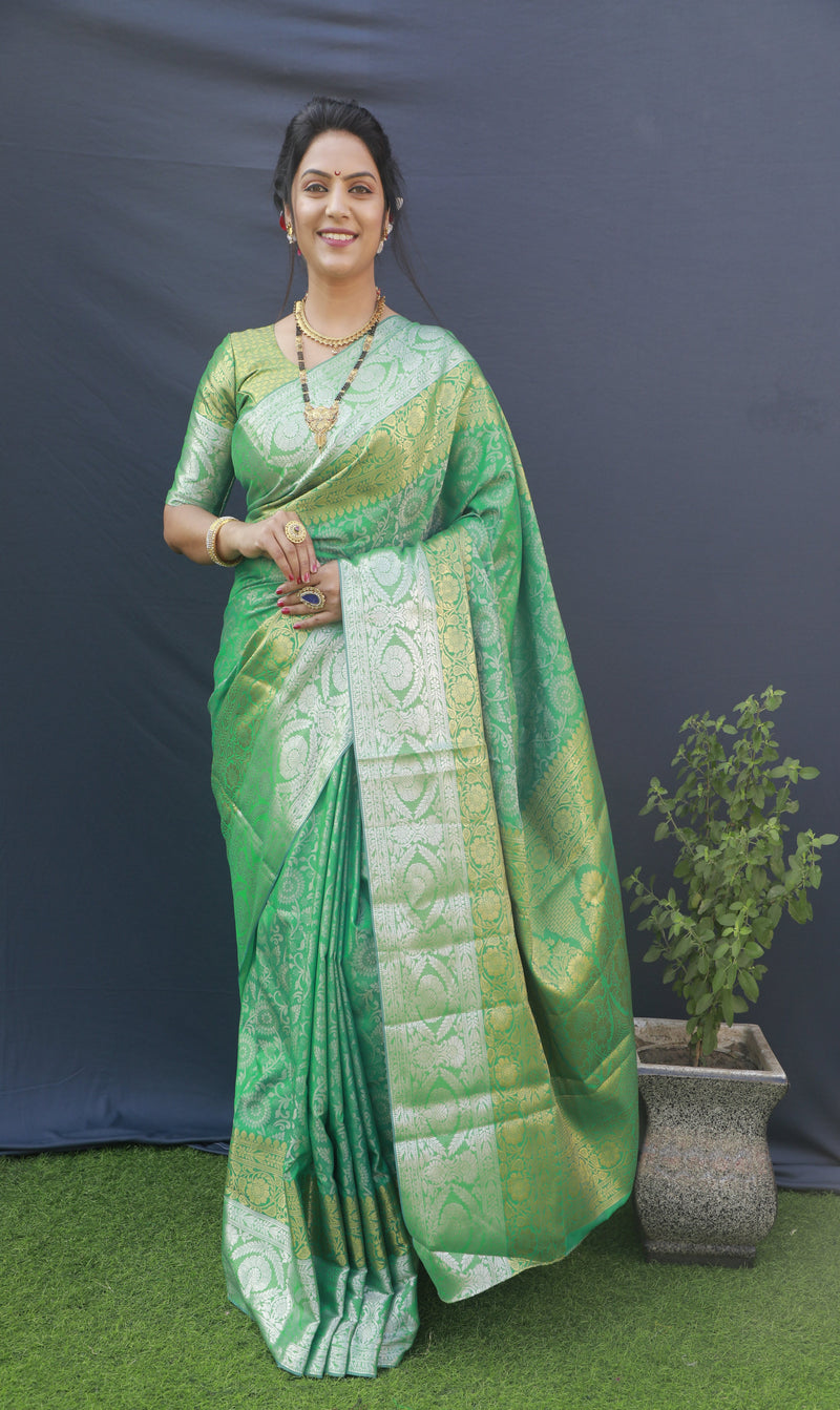 Sea Green Color Silver And Gold Zari Work Banarasi Soft Silk Saree