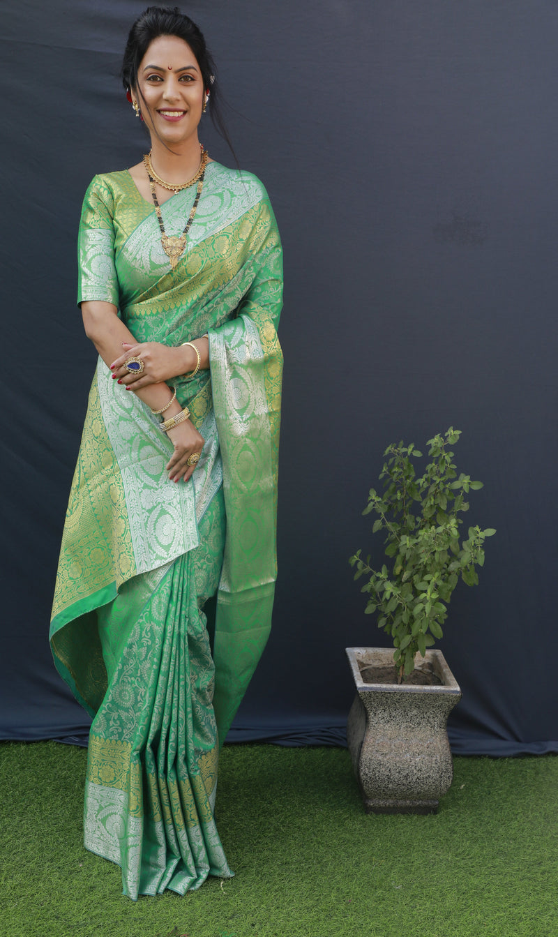 Sea Green Color Silver And Gold Zari Work Banarasi Soft Silk Saree