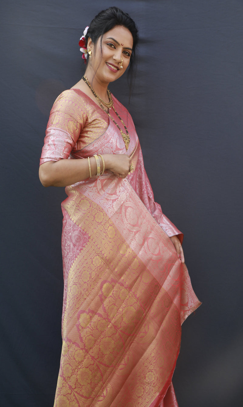 Dusty Pink Color Silver And Gold Zari Work Banarasi Soft Silk Saree
