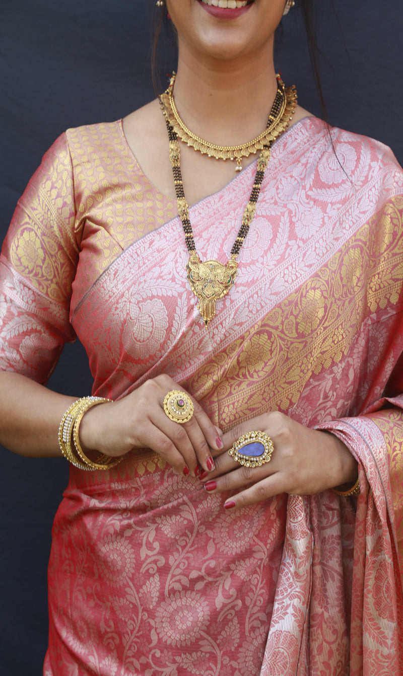 Dusty Pink Color Silver And Gold Zari Work Banarasi Soft Silk Saree