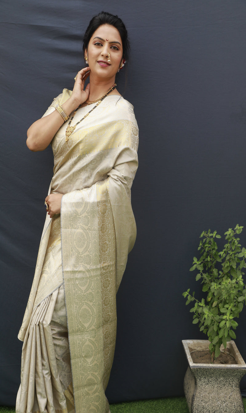 Light Mehndi Color Silver And Gold Zari Work Banarasi Soft Silk Saree