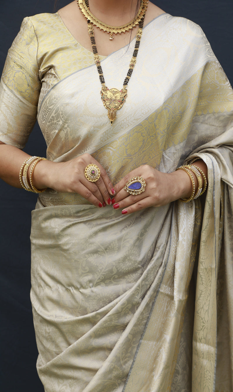 Light Mehndi Color Silver And Gold Zari Work Banarasi Soft Silk Saree