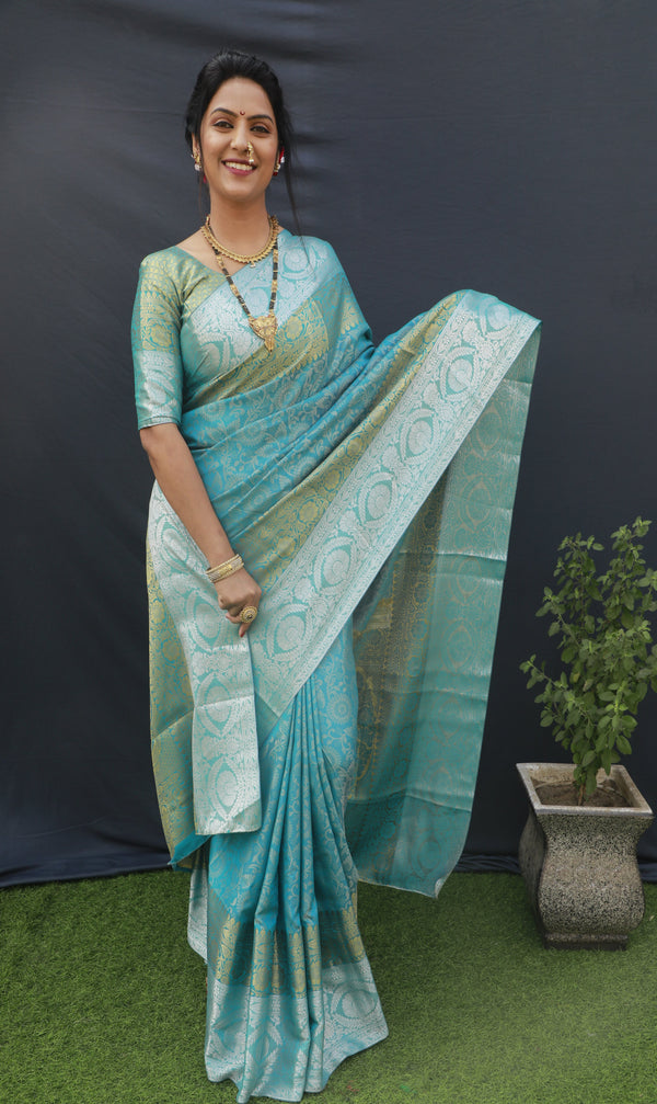 Sky Blue Color Silver And Gold Zari Work Banarasi Soft Silk Saree