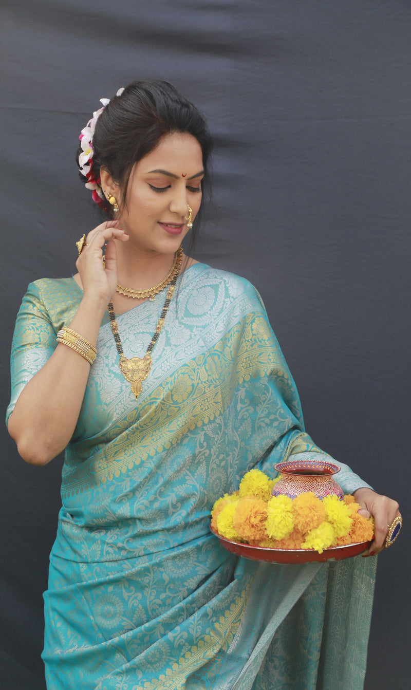 Sky Blue Color Silver And Gold Zari Work Banarasi Soft Silk Saree