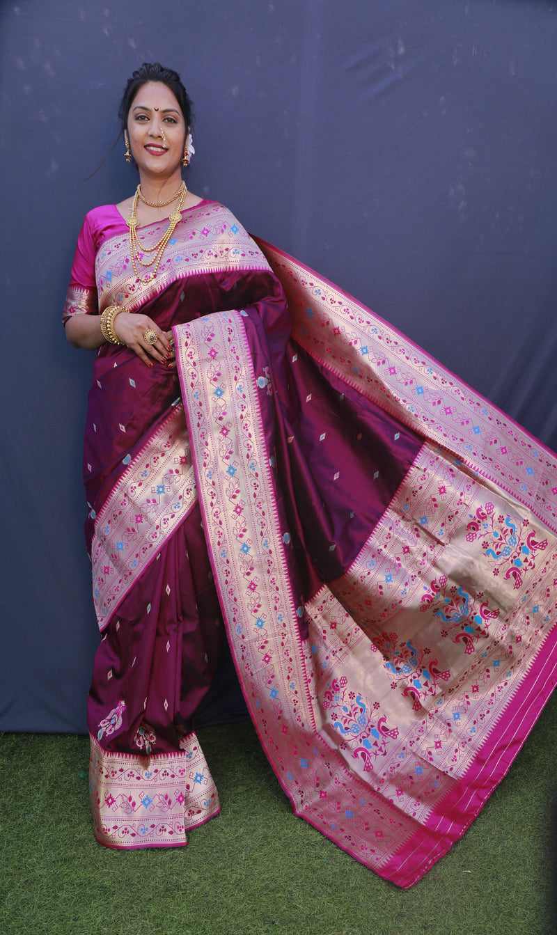Wine color paithani silk saree with golden zari weaving work