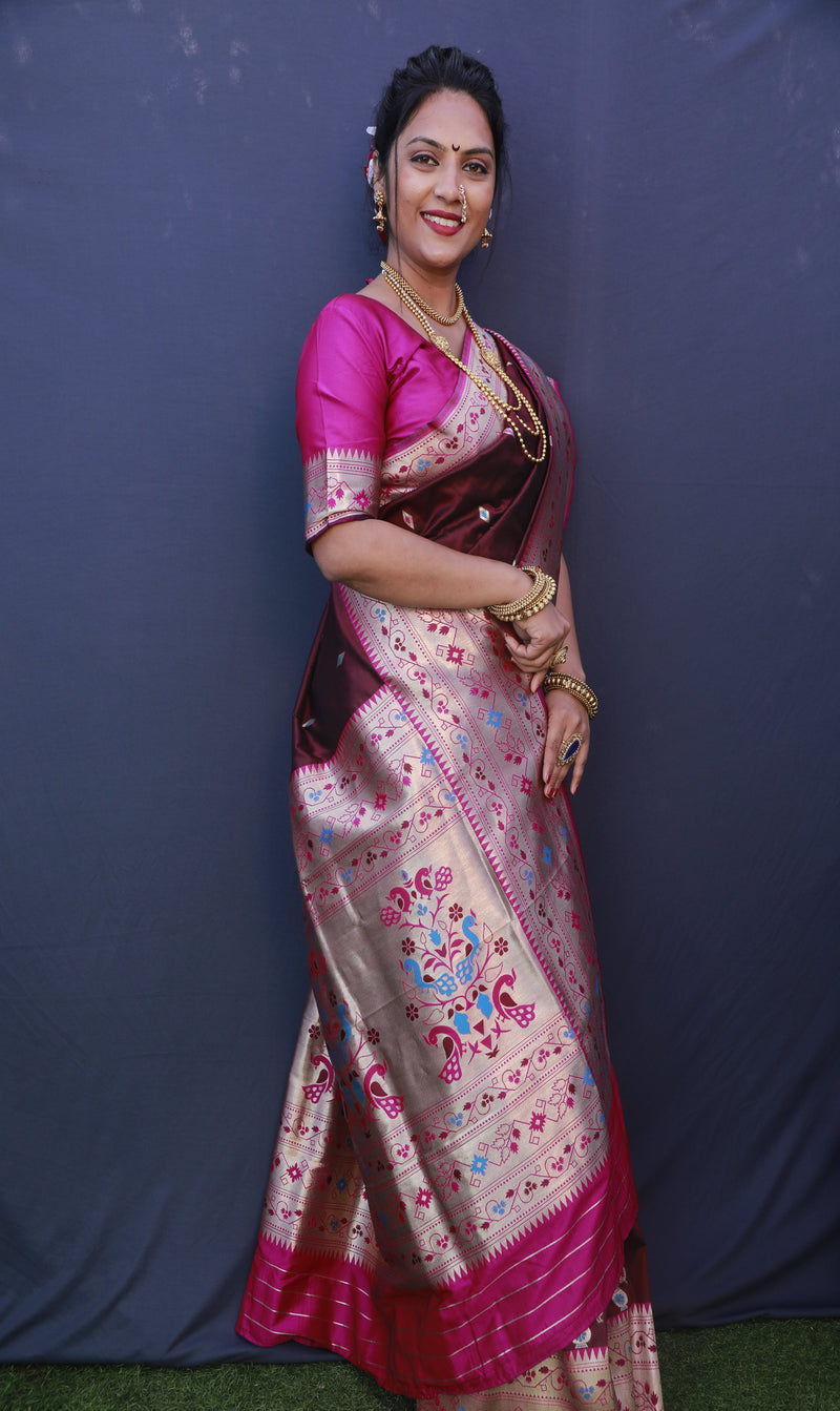 Dark Maroon color paithani silk saree with golden zari weaving work